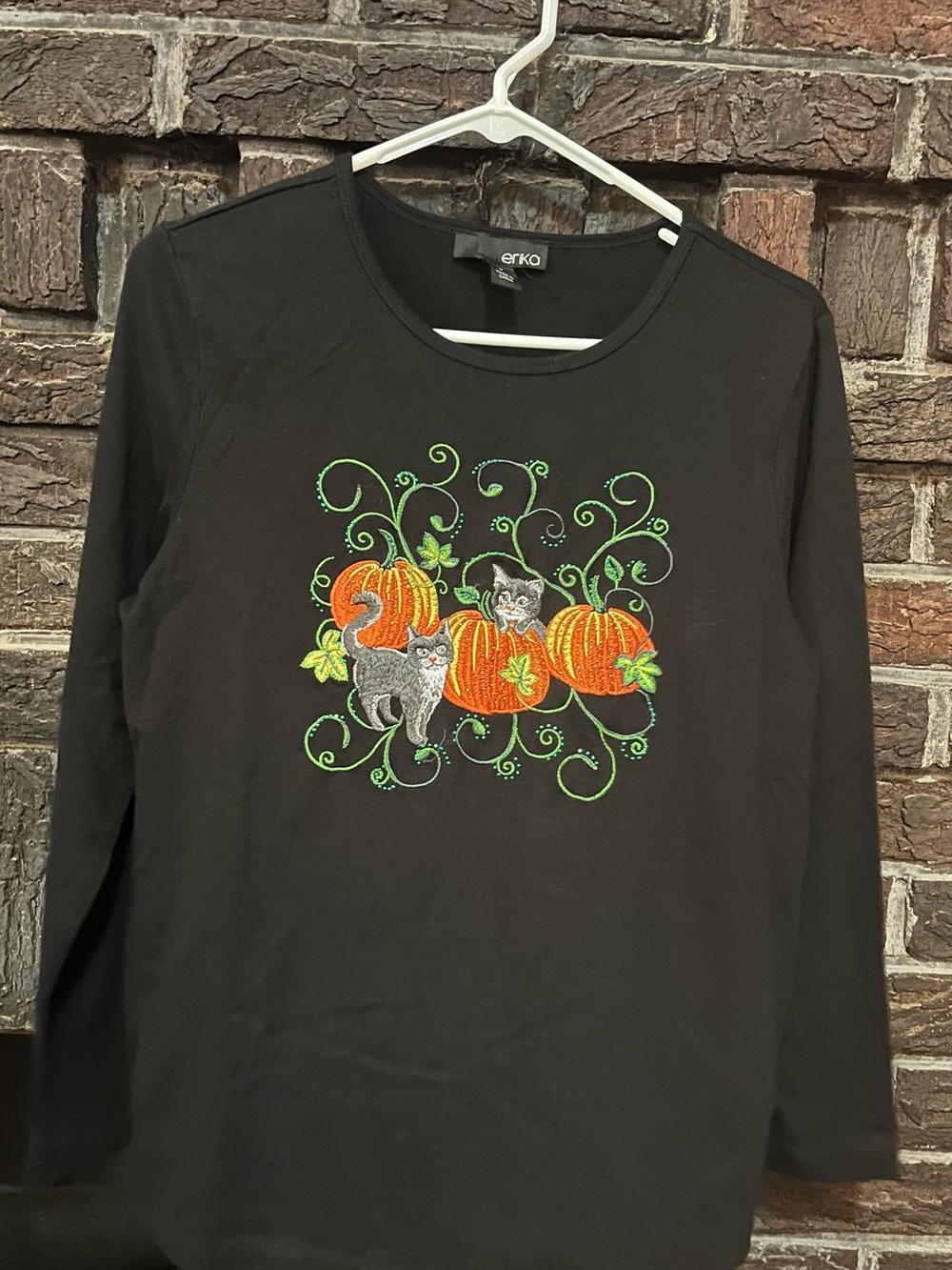 Erika Black Long Sleeve Tee with Embroidered Cats & Pumpkins